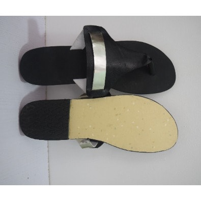 Female's Plain Leather Slippers- Black + Silver