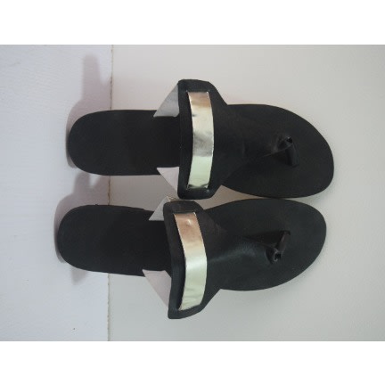 Female's Plain Leather Slippers- Black + Silver