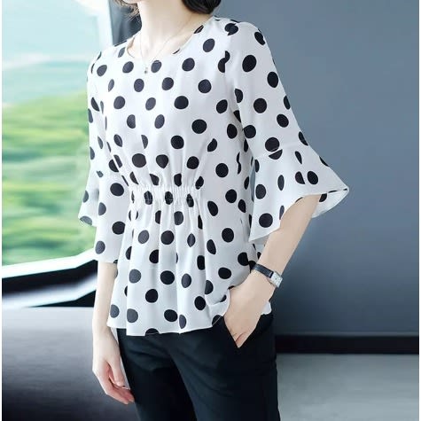 Polka Dot Peplum Blouse- White