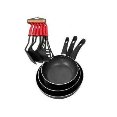 Non-stick 3 Piece Fry Pan + 6 Piece Kitchen Cooking Spoons