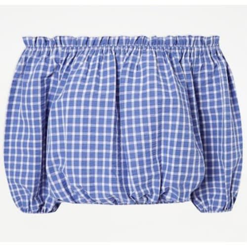 Gingham Print Cropped Bardot Blouse - Blue
