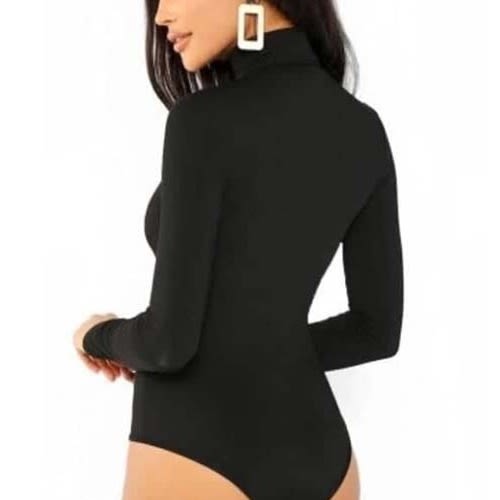 Women's Mock Turtle Neck Tank Bodysuit Long Sleeve- Black