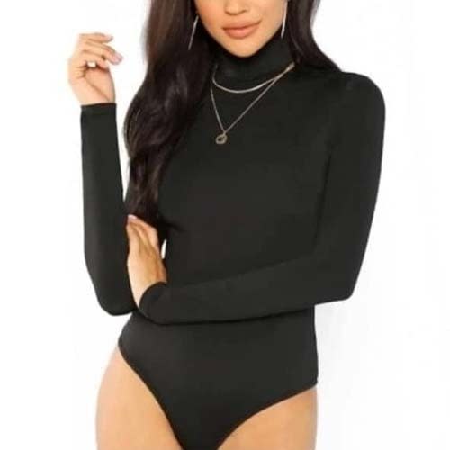 Women's Mock Turtle Neck Tank Bodysuit Long Sleeve- Black