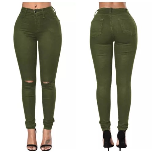 Olive Green Slit Knee Denim Pants