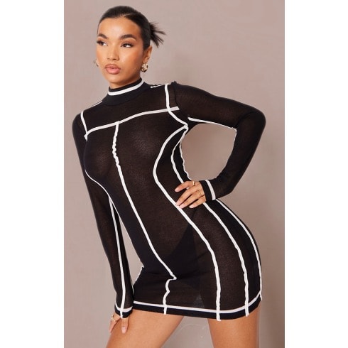 High Neck Binding Long Sleeve Dress - Black