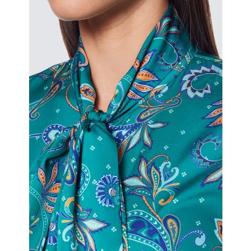 Women's Green & Blue Paisley Leaves Print Pussy Bow Blouse