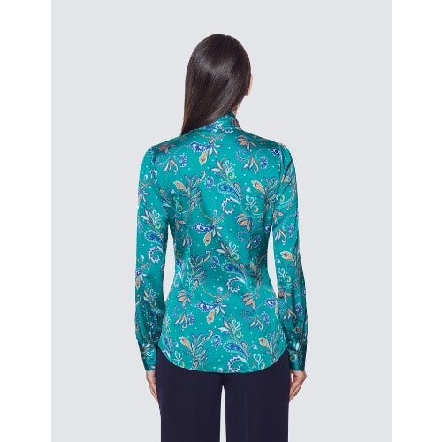 Women's Green & Blue Paisley Leaves Print Pussy Bow Blouse