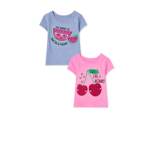 Girls Sweet Dad And Mom Melon Graphic Glitters Top - Pink Lilac 2 In 1