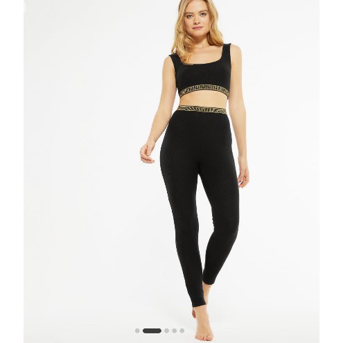 Gold Tape Detail Rib Leggings - Black