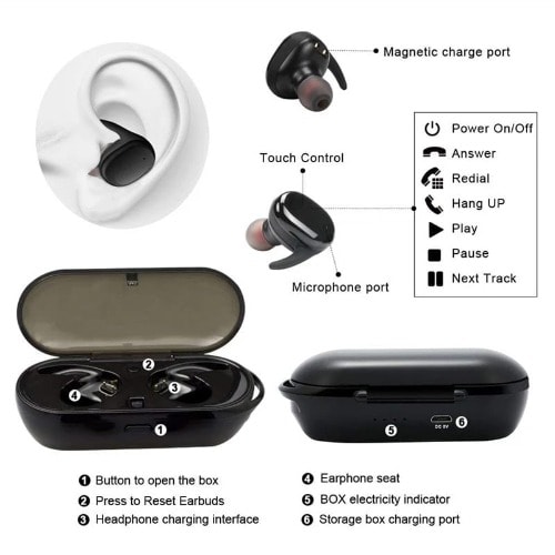Wireless Bluetooth Earbuds With Finger Print Touch And Power Bank - Black