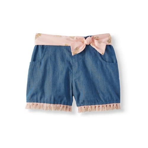 Toddler Girl Light Denim Tassle Short With Sash Belt