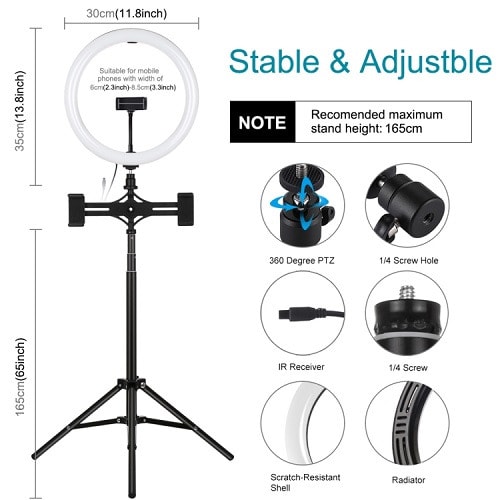 LED Selftimer 10" 26cm Ringlight + Tripod Mount + Dual Phone Brackets