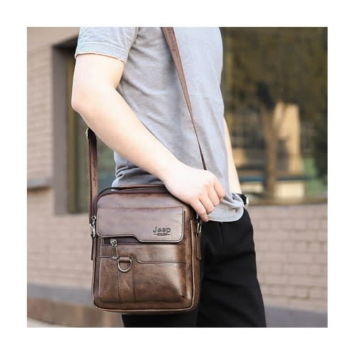 Vintage Leather Shoulder Bag For Men - Khaki