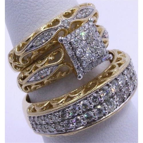 3 Piece Bridal Set Wedding And Engagement Rings - Silver And Gold