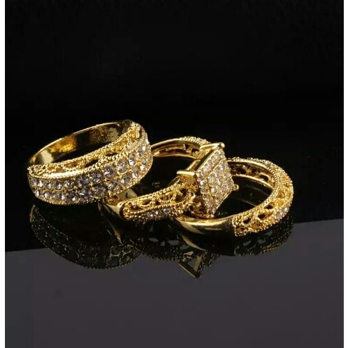 3 Piece Bridal Set Wedding And Engagement Rings - Silver And Gold