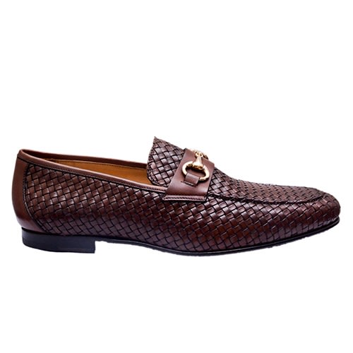 Brown Hand Weaved Shoe With Gold Accessory