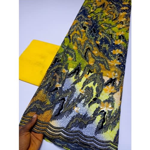 Yellow Nigeria Lace 2022 With Matching Asooke - 5yards