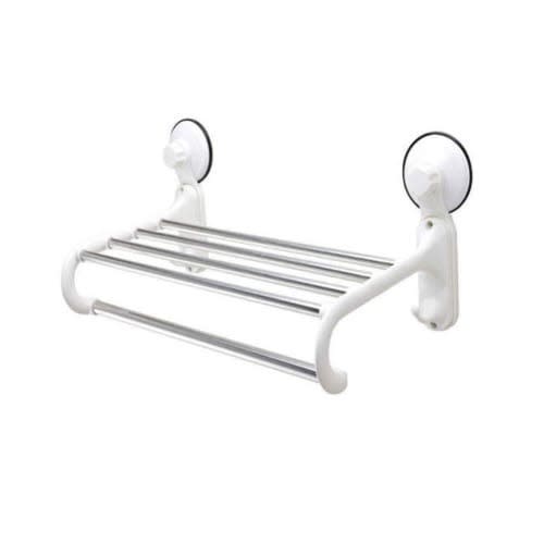 Towel Rack/hanger With Magic Suction Cup - 5 Crossbars & 2 Hooks- White
