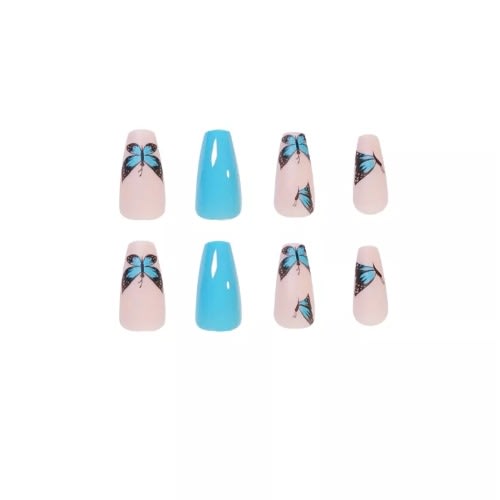 Trinique Press On Acrylic Nails Kit With Blue Butterflies Design - 24pcs - Blue & Pink