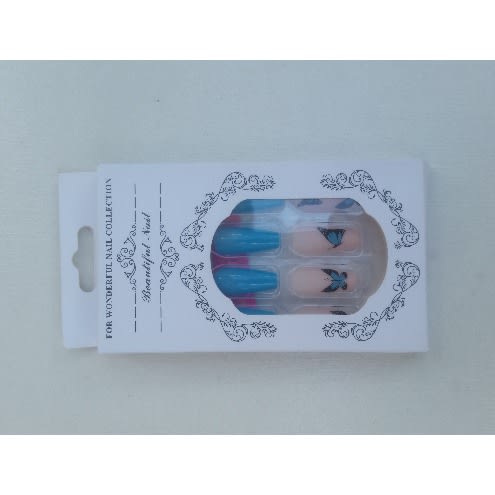 Trinique Press On Acrylic Nails Kit With Blue Butterflies Design - 24pcs - Blue & Pink