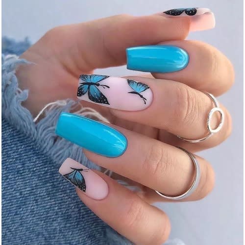 Trinique Press On Acrylic Nails Kit With Blue Butterflies Design - 24pcs - Blue & Pink