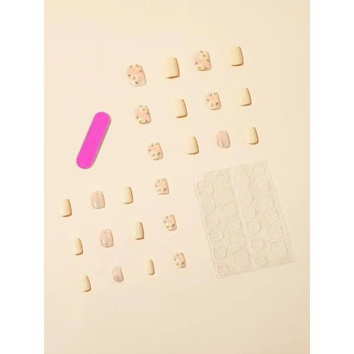 24pcs Short Square Floral Nails & 1pc Nail File & 1sheet Tape
