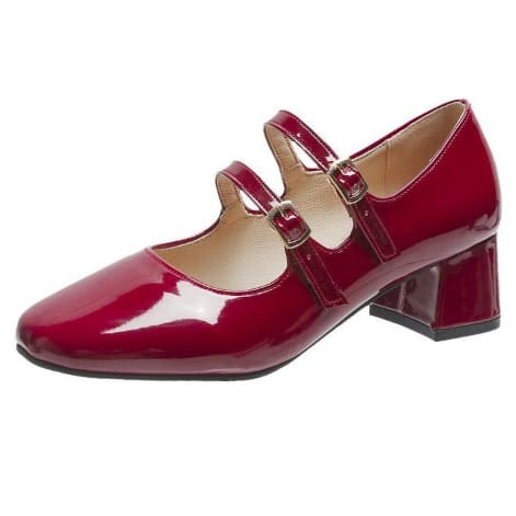 Two Straps Buckles Patent Covers Shoes - Wine