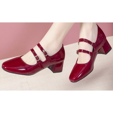 Two Straps Buckles Patent Covers Shoes - Wine