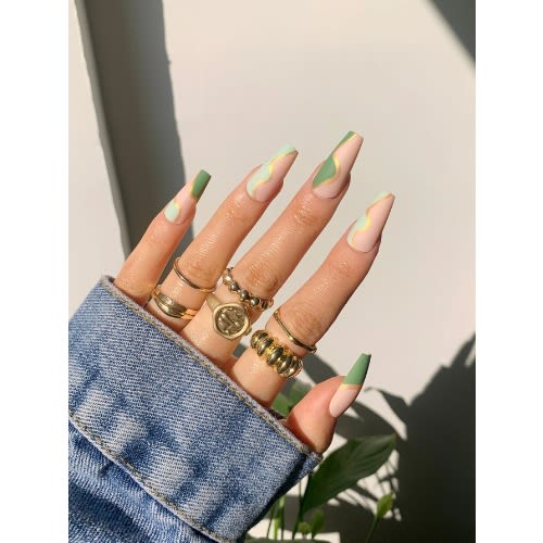 24 Pcs Green  And Cream Color Block Long Coffin Fake Nail & 1pc Nail File & 1sheet Tape