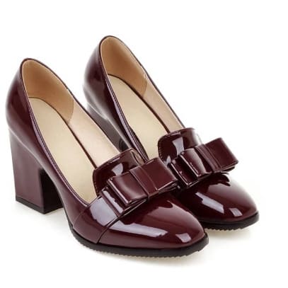 Double Bow with Block Heel Patent Shoe-WINE