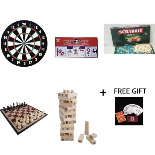 5 In 1 Board Games Dart  Monopoly - Scrabble Chess And Jenga + Free Whot