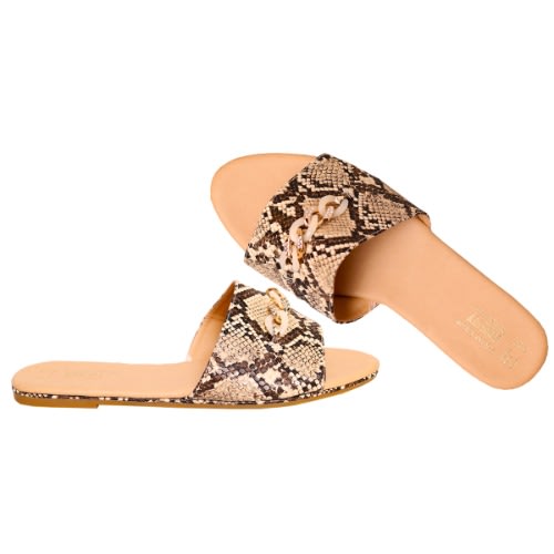Widefit Faux Snake Chain Sliders Slippers - Brown