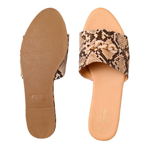 Widefit Faux Snake Chain Sliders Slippers - Brown