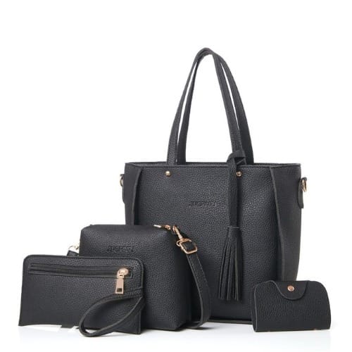 Ladies' Quality Leather Handbag-Black -4 Sets