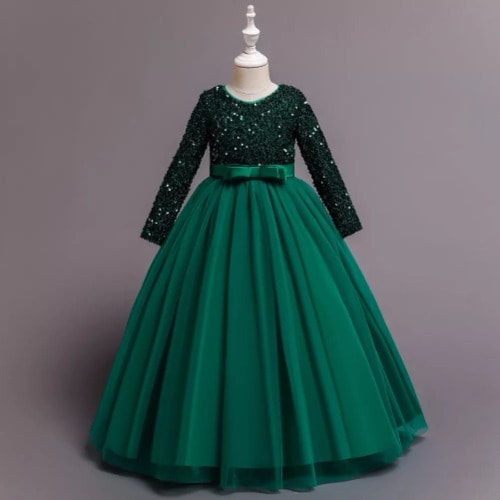 Girl Shimmer Up Longsleeve Gown - Green