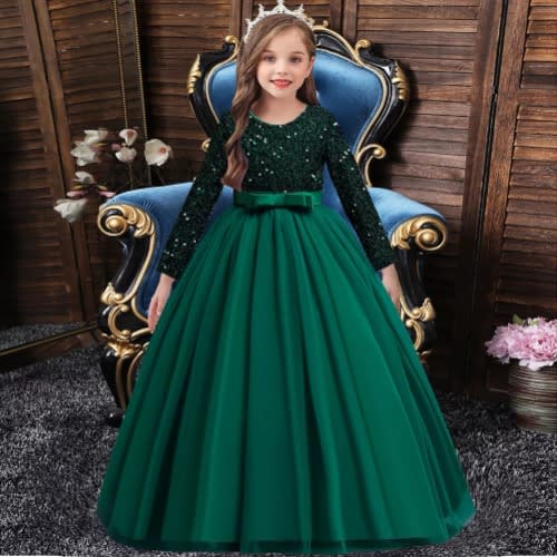 Girl Shimmer Up Longsleeve Gown - Green
