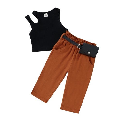 Girl Set - Top - Black With Trousers - Brown  - 2 Pieces + BELT PURSE