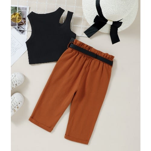 Girl Set - Top - Black With Trousers - Brown  - 2 Pieces + BELT PURSE