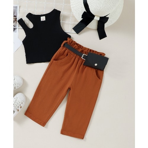 Girl Set - Top - Black With Trousers - Brown  - 2 Pieces + BELT PURSE