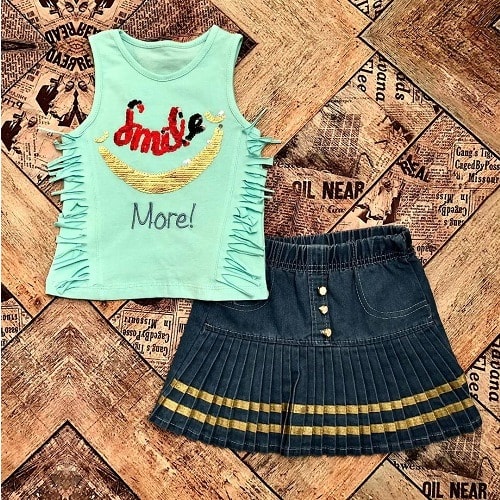 2 In 1 New Season Turkey Girls Top And Jeans Skirt -green