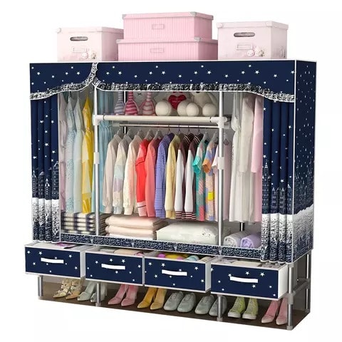 Double Size Iron Steel Foldable Fabric Wardrobe With Drawer