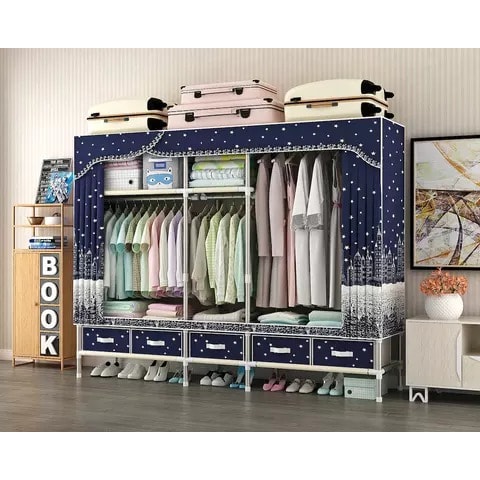 Double Size Iron Steel Foldable Fabric Wardrobe With Drawer
