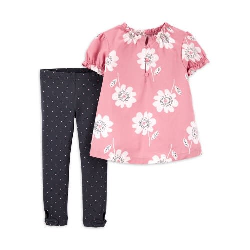 Girls Baby Floral Top And Dotted Leggings Set - 2 In 1 Pack