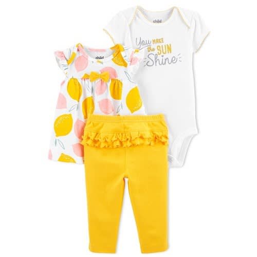 Child Of Mine Newborn Baby Girls Blouse, Bodysuit & Pant 3pc - Lemon Burst