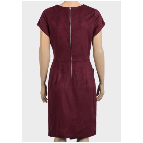 Ladies Asymmetric Suedette Dress - Burgundy