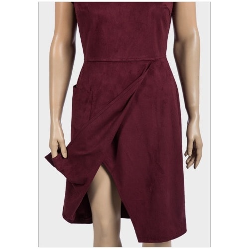 Ladies Asymmetric Suedette Dress - Burgundy