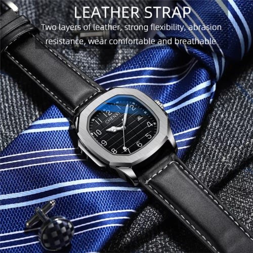 Men's Business Leather Wristwatch - Silver + Black