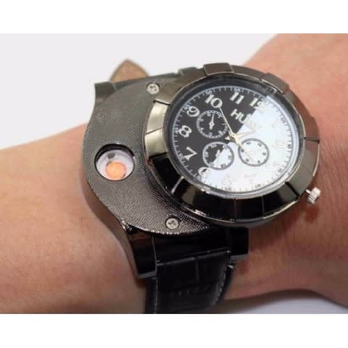 Leather Rechargeable USB Lighter Men's Electronic Wrist Watches - Black