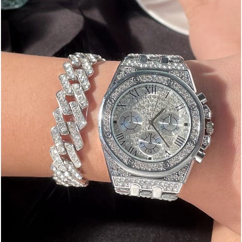 Men's Iced Cuban Bracelet And Quartz Watch Set - Silver