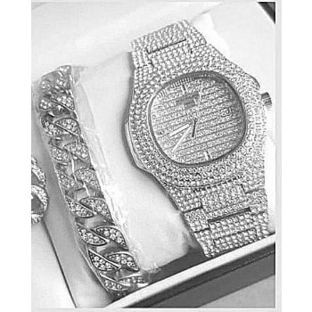Men's Iced Cuban Bracelet And Quartz Watch Set - Silver